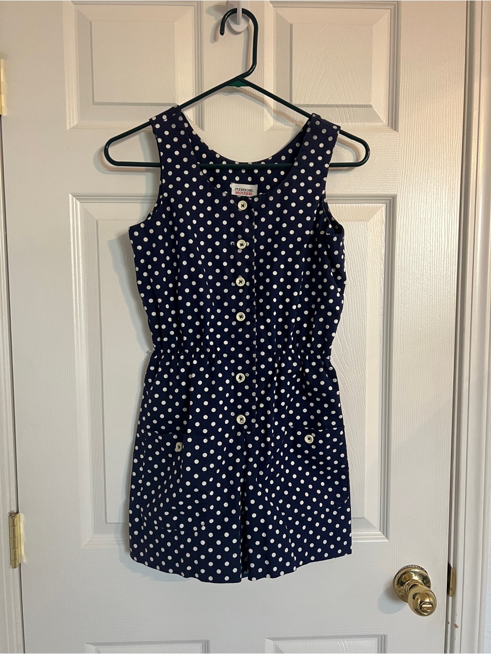 Vintage 80s Navy Polka Dot Button Front Romper Retro Pin Up Cottagecore XS
